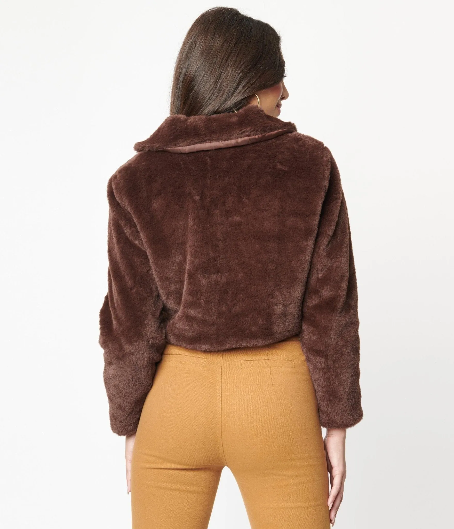 1970s Retro Style Brown Faux Fur Crop Jacket