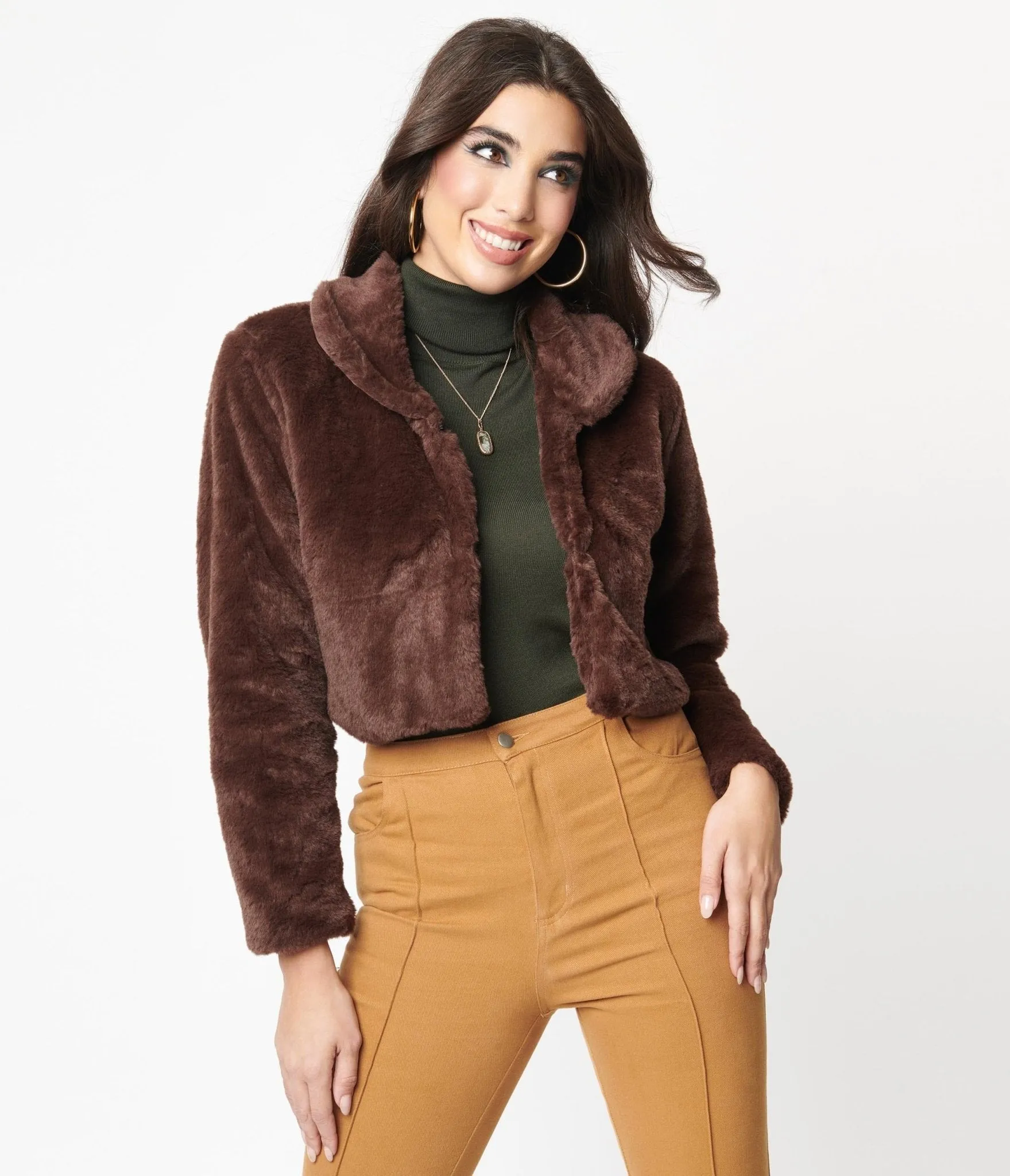 1970s Retro Style Brown Faux Fur Crop Jacket