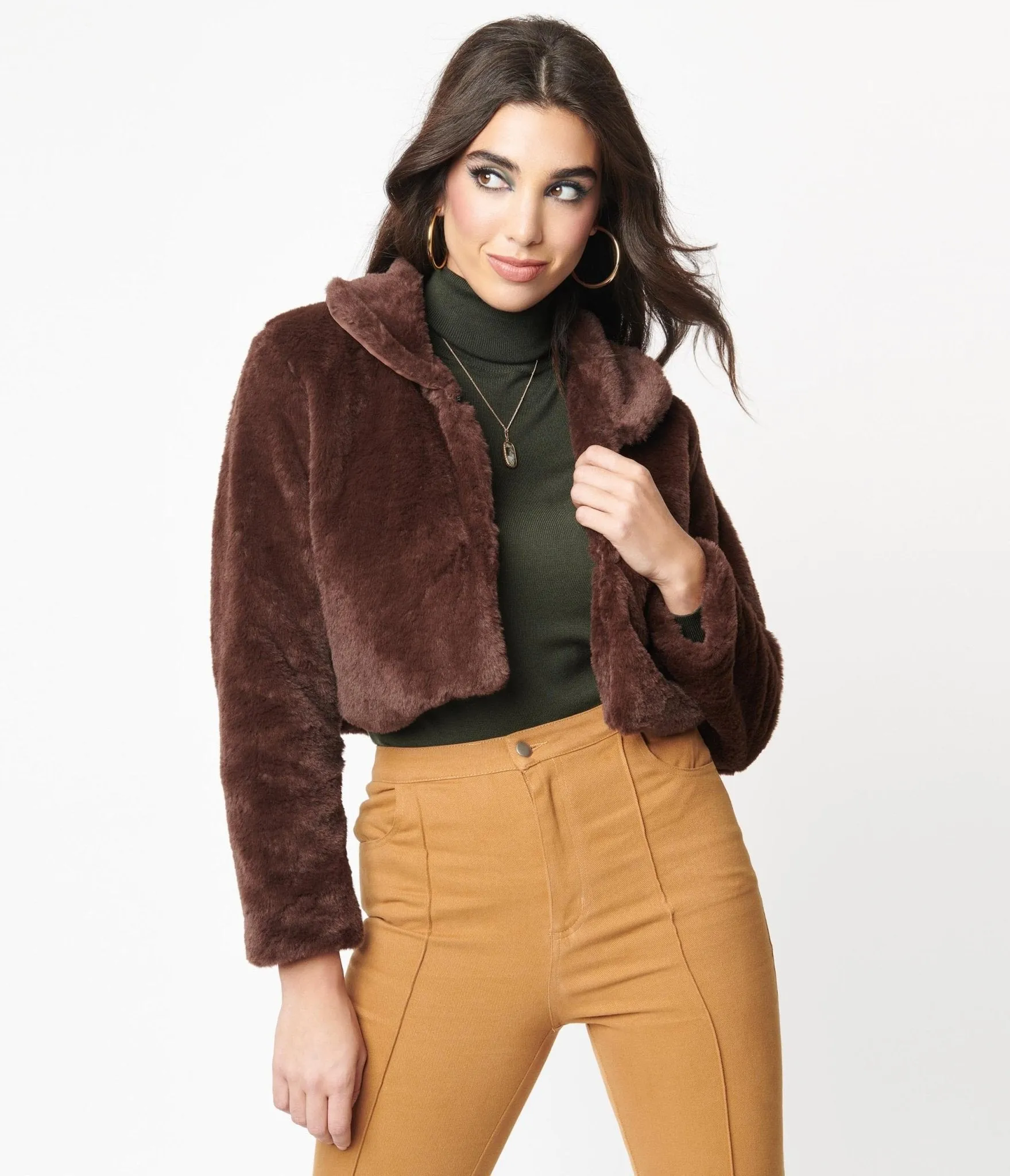 1970s Retro Style Brown Faux Fur Crop Jacket