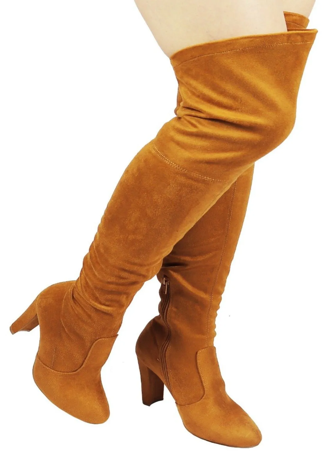 AMAYA-93B Wild Diva Women Stretchy Suede Chunky Heel Thigh High Over The Knee Boots Stretchy