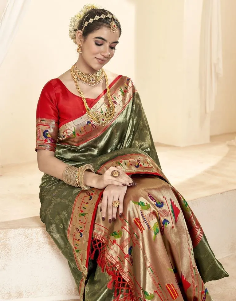 Army Green Silk Woven Sarees