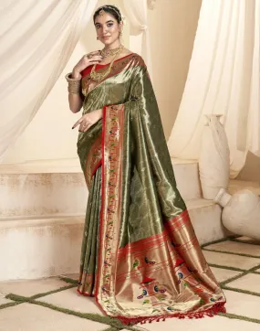 Army Green Silk Woven Sarees