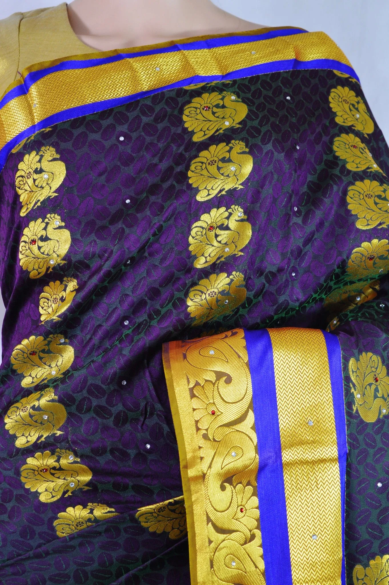 Aubergine Colour Stone Work Woven Kanchipuram Silk Saree