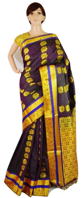 Aubergine Colour Stone Work Woven Kanchipuram Silk Saree