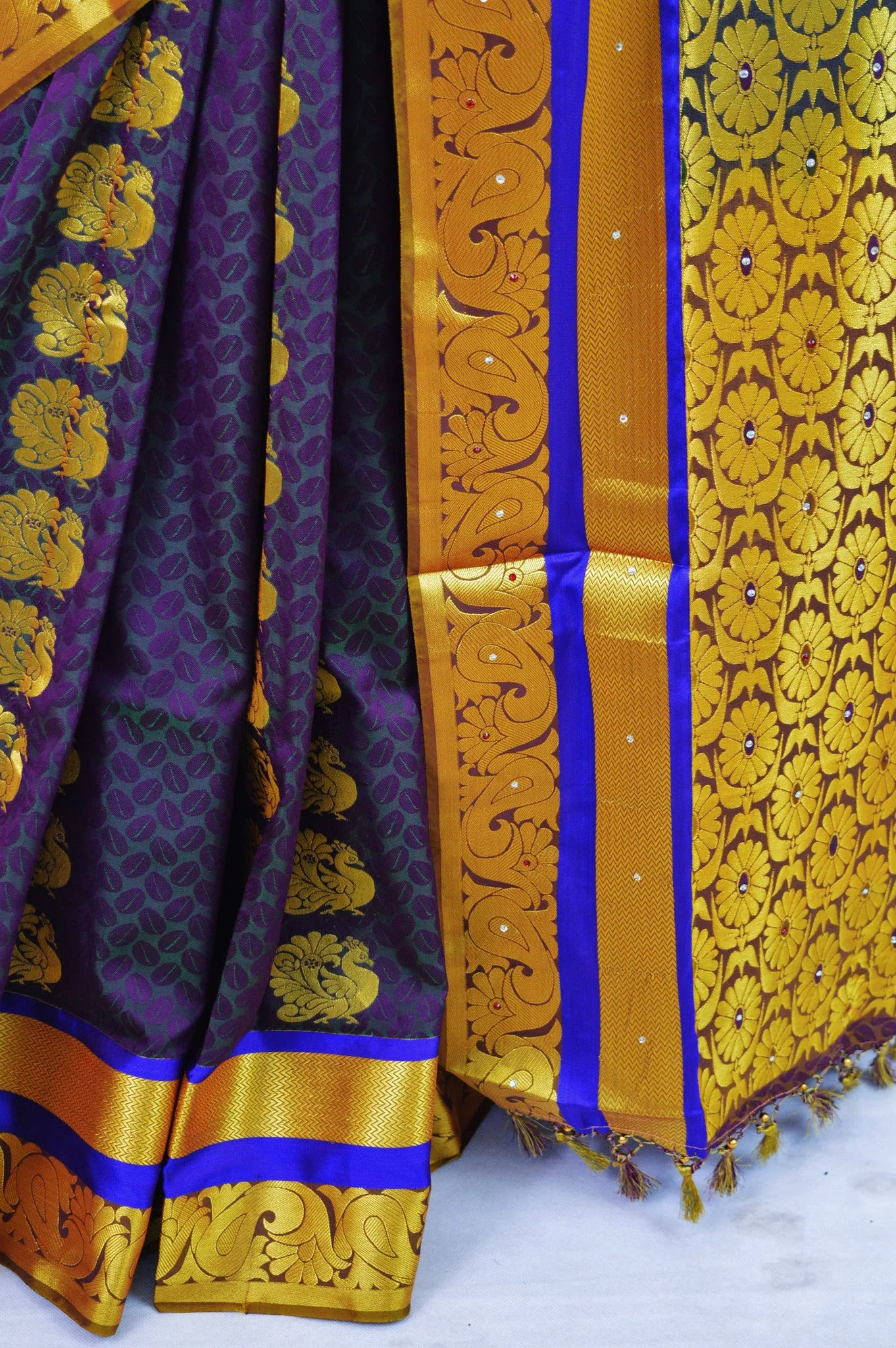 Aubergine Colour Stone Work Woven Kanchipuram Silk Saree