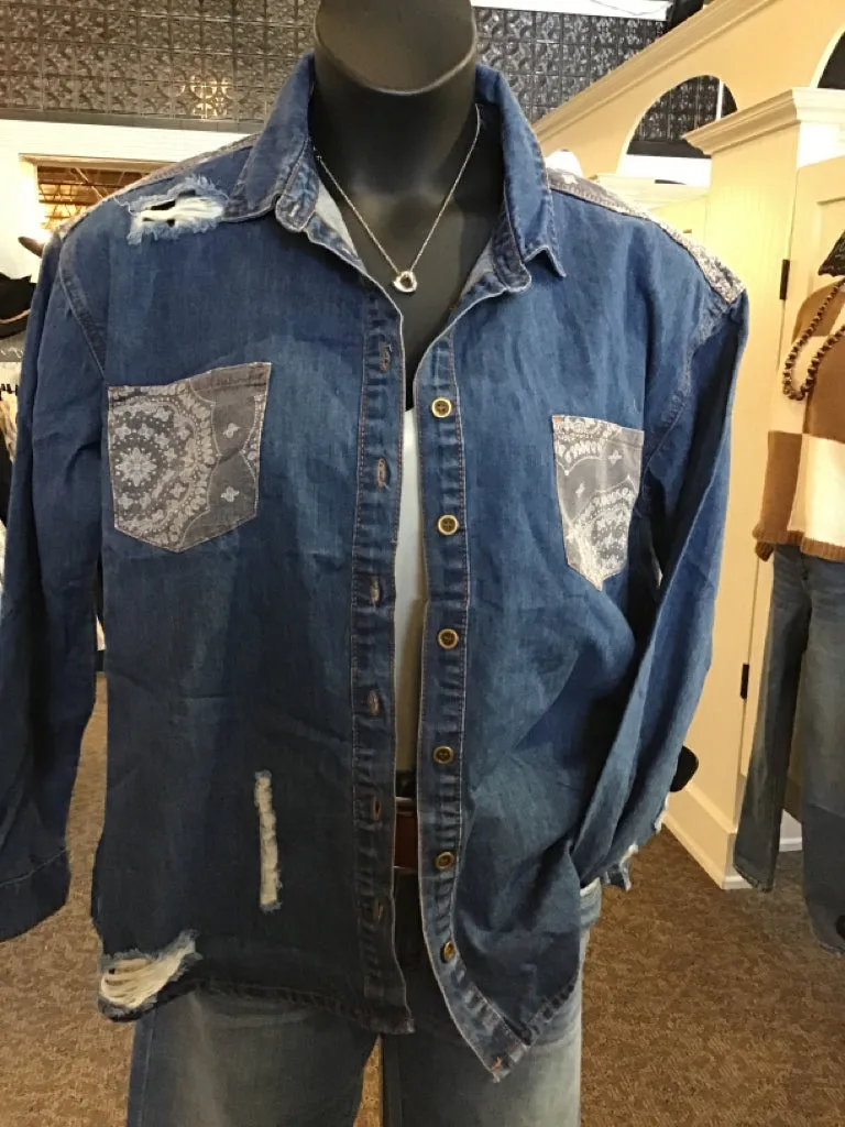 Bandana Detailed Oversized  Denim Shirt - SML