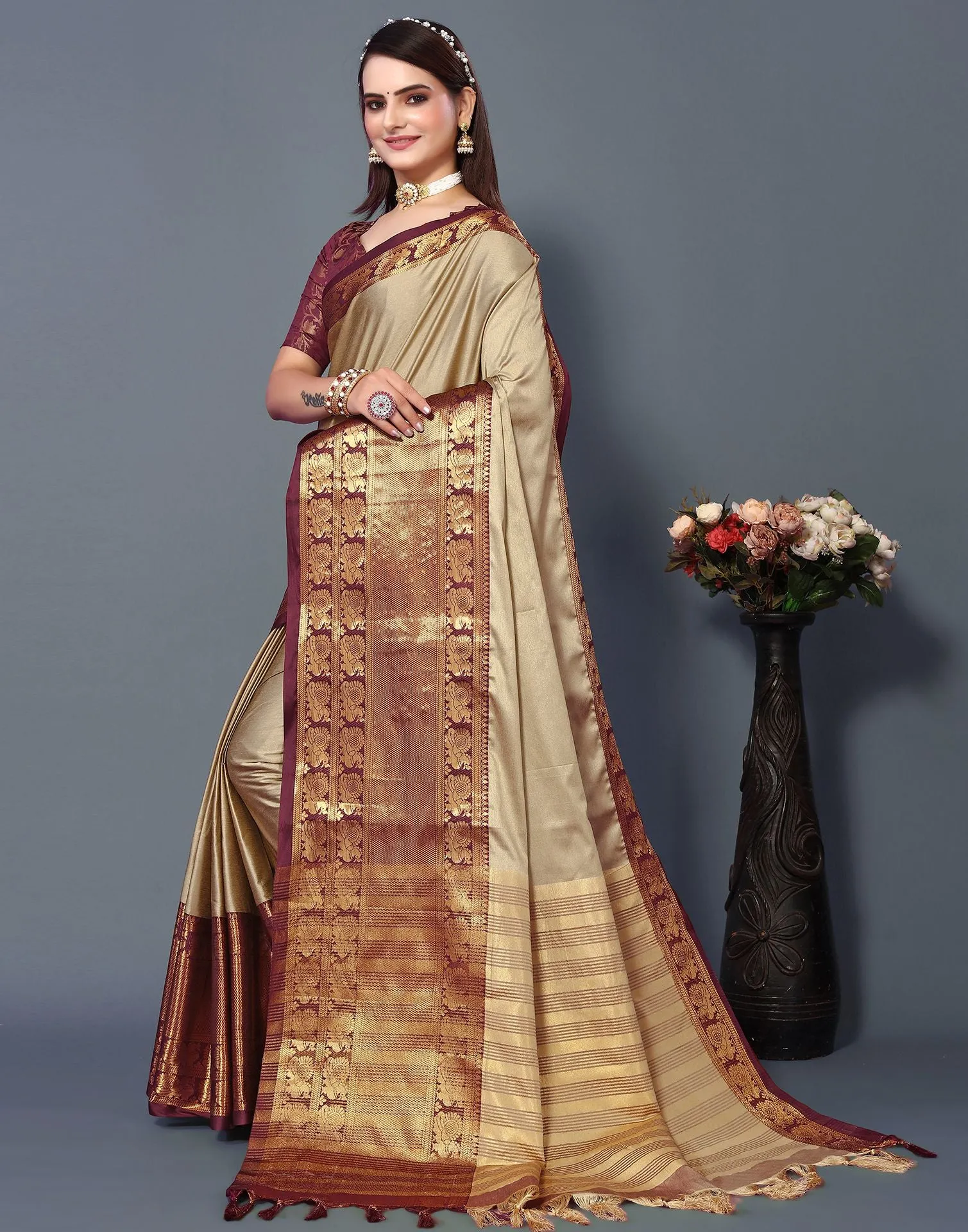 Beige Cotton Saree