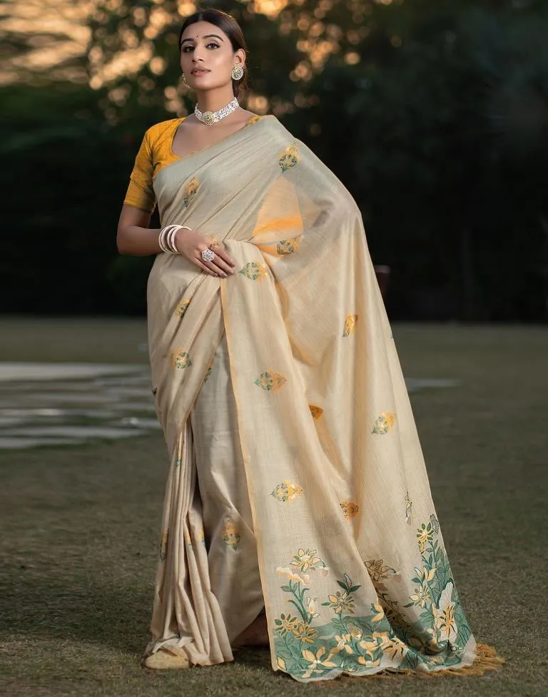 Beige Cotton Woven Sarees