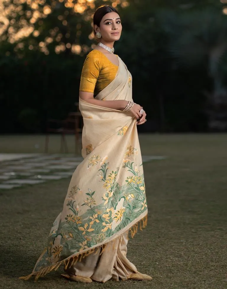 Beige Cotton Woven Sarees