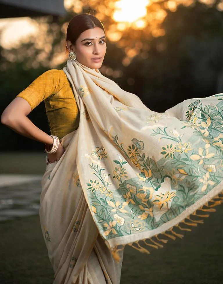 Beige Cotton Woven Sarees