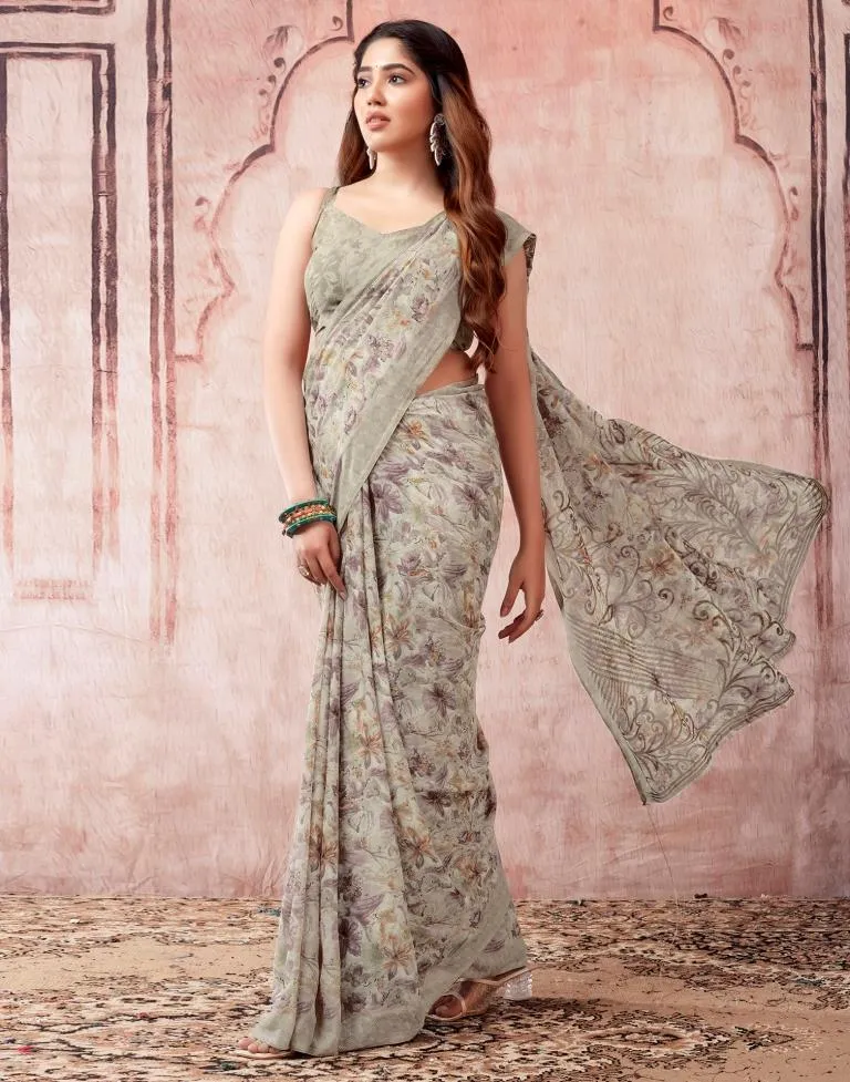 Beige Georgette Printed Sarees