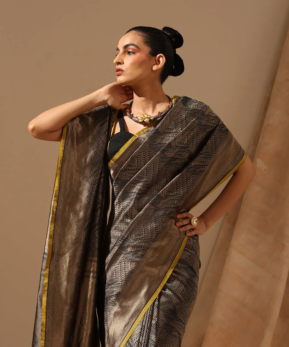 Black And Gold Handloom Pure Katan Silk Zari Tanchoi Banarasi Saree With Contemporary Design