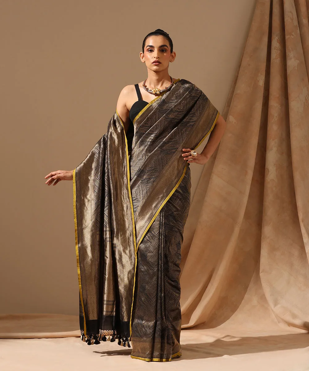 Black And Gold Handloom Pure Katan Silk Zari Tanchoi Banarasi Saree With Contemporary Design