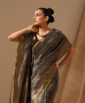 Black And Gold Handloom Pure Katan Silk Zari Tanchoi Banarasi Saree With Contemporary Design