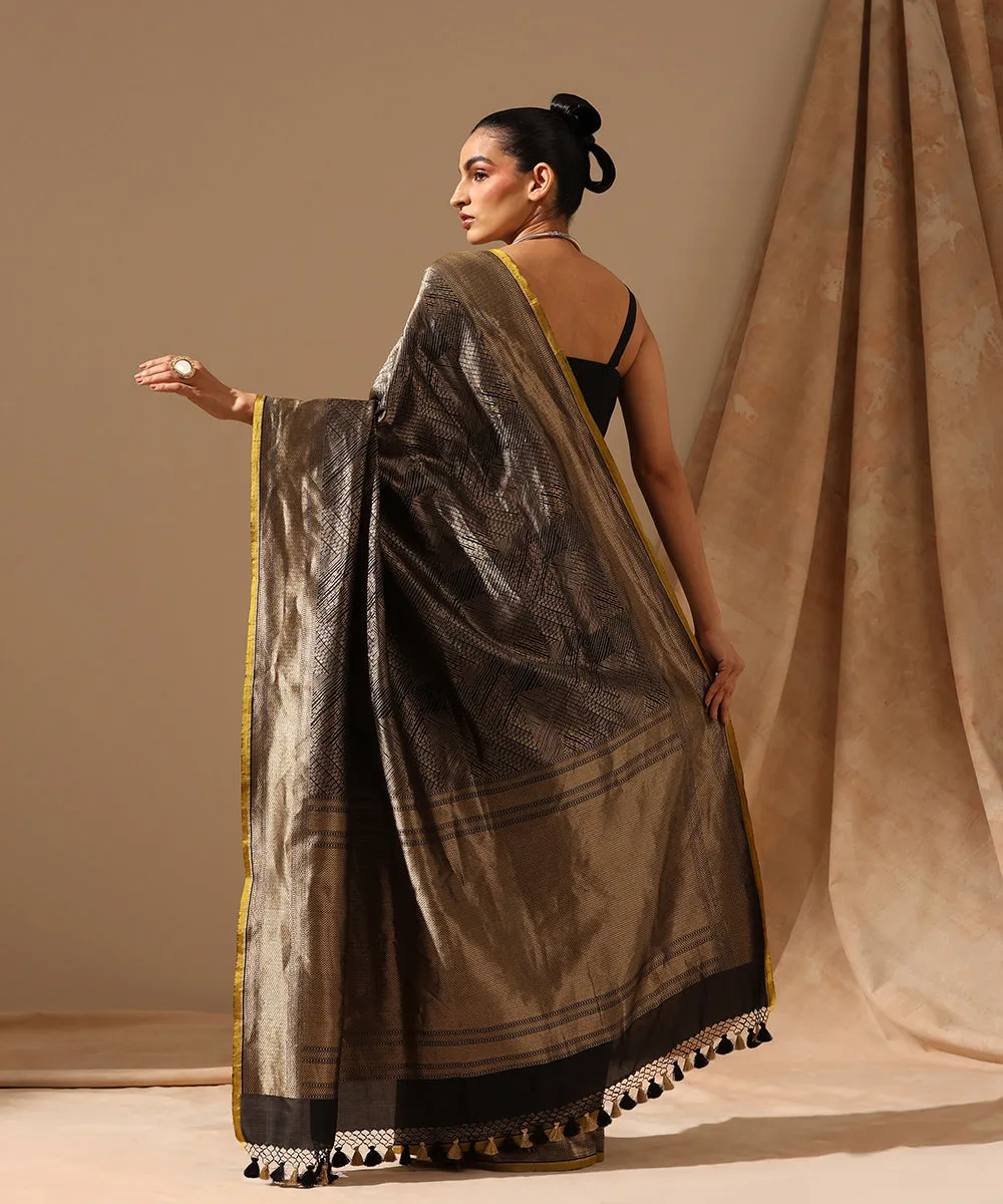 Black And Gold Handloom Pure Katan Silk Zari Tanchoi Banarasi Saree With Contemporary Design