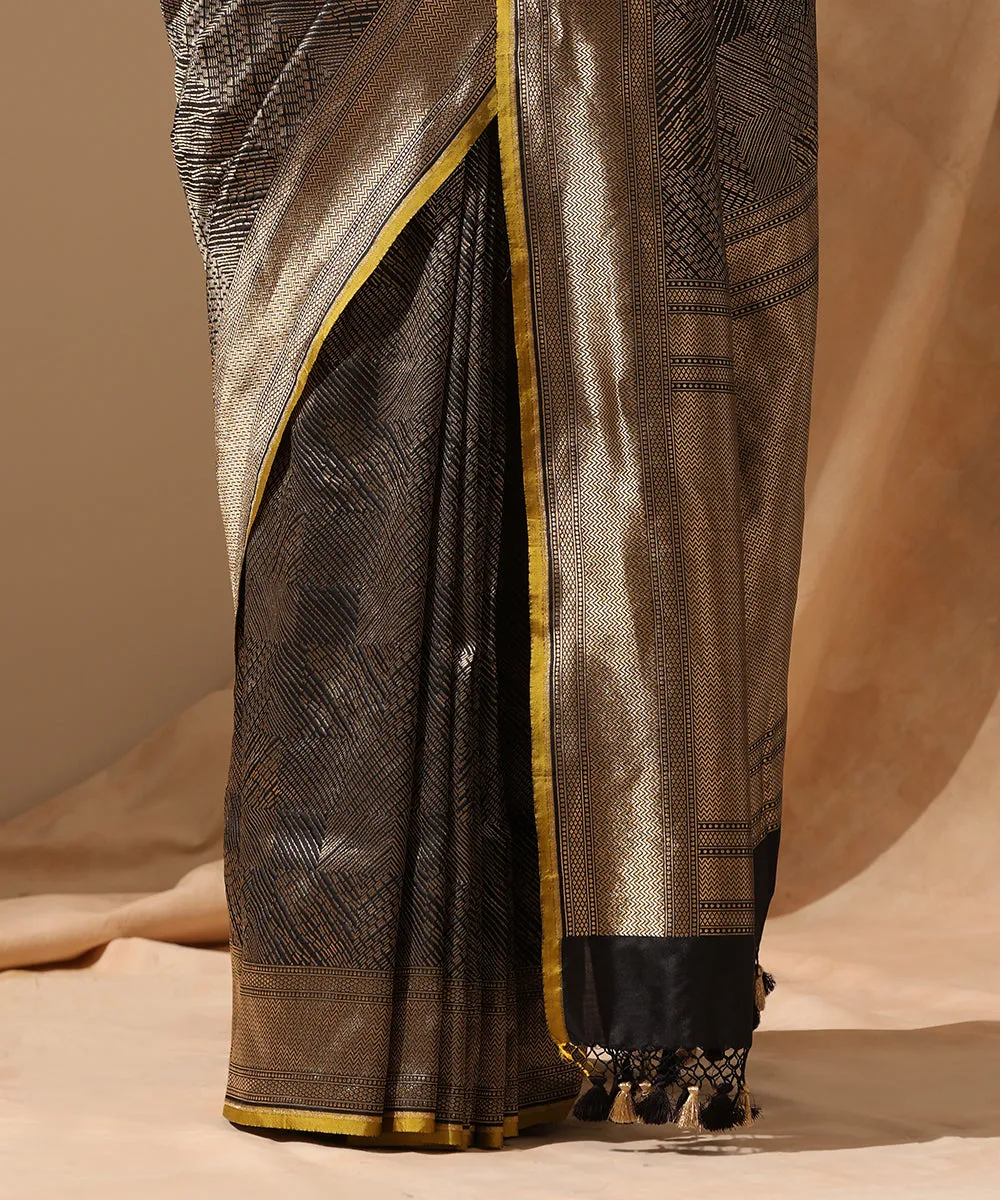 Black And Gold Handloom Pure Katan Silk Zari Tanchoi Banarasi Saree With Contemporary Design