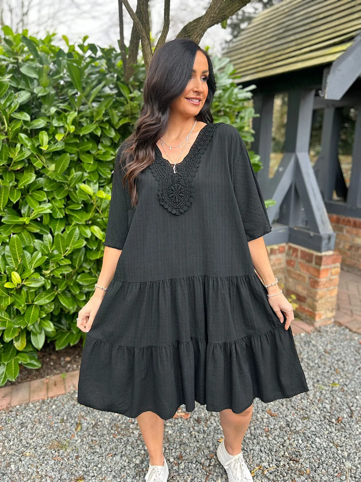 Black Crochet Tiered Tunic Dress Brenda