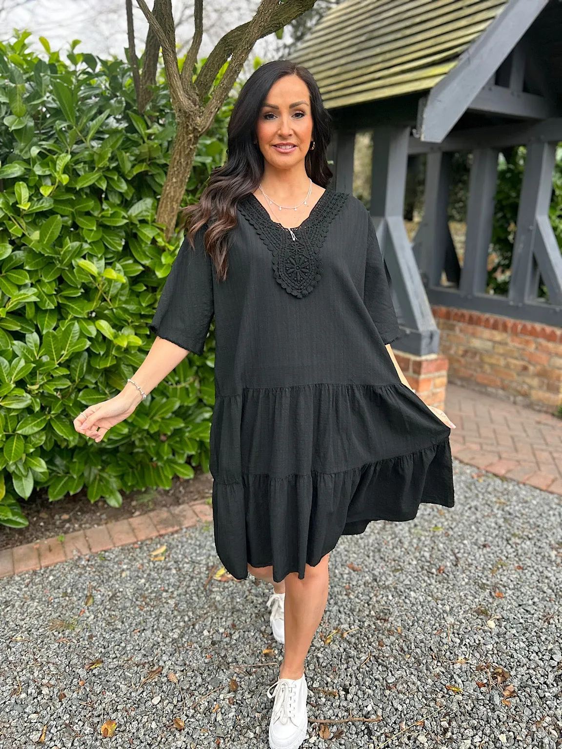 Black Crochet Tiered Tunic Dress Brenda