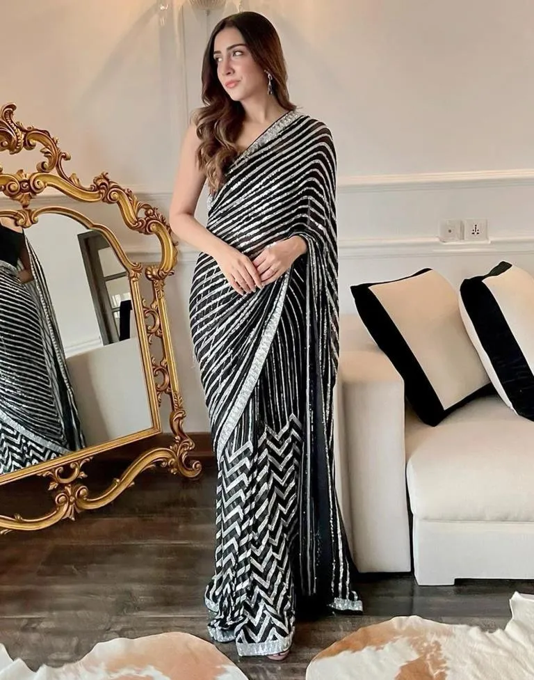 Black Georgette Plain Sarees