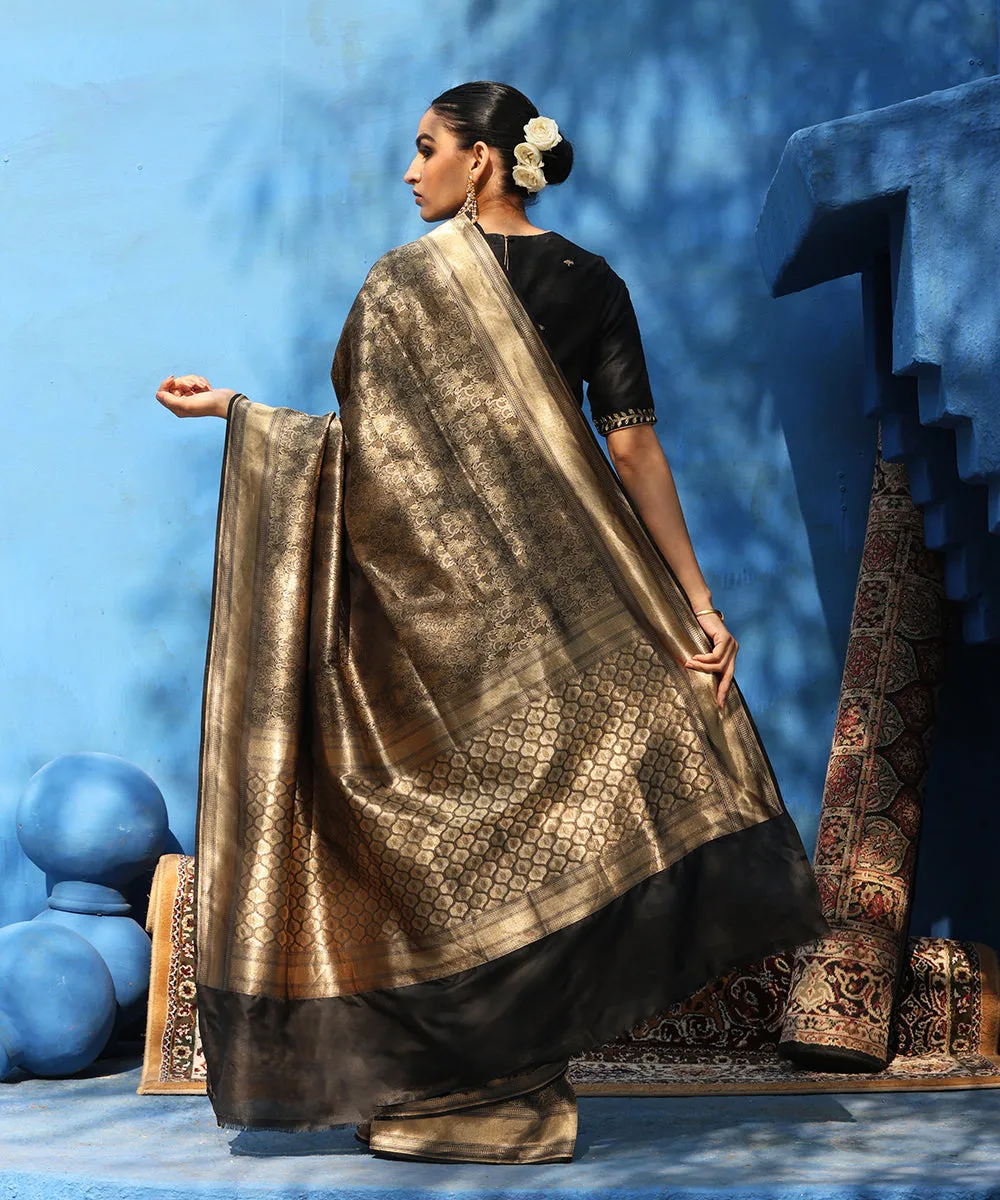 Black Handloom Pure Katan Silk Tanchoi Banarasi Saree With Zari Jaal