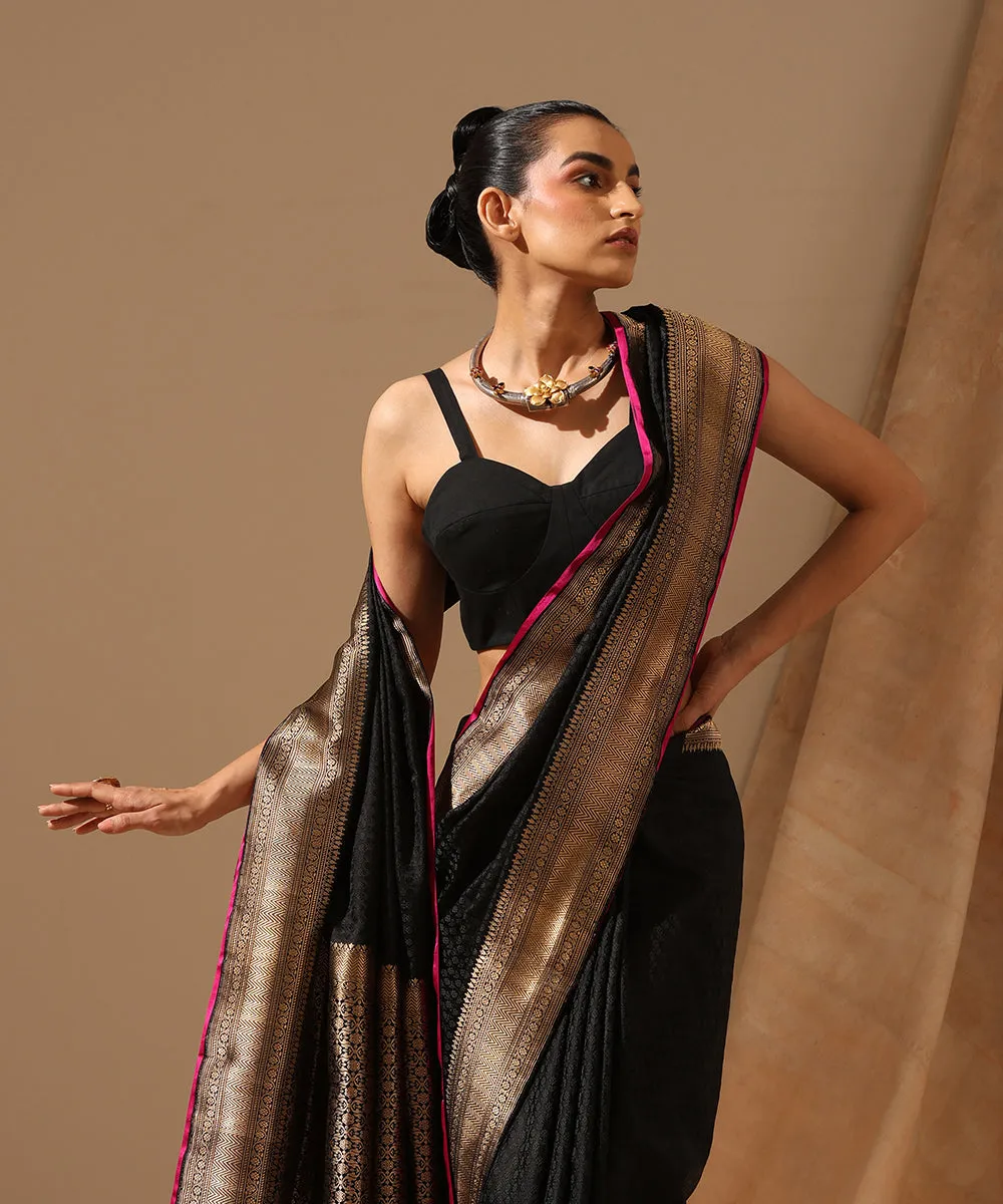 Black Pure Satin Silk Handloom Tanchoi Banarasi Saree With Gold Zari Border