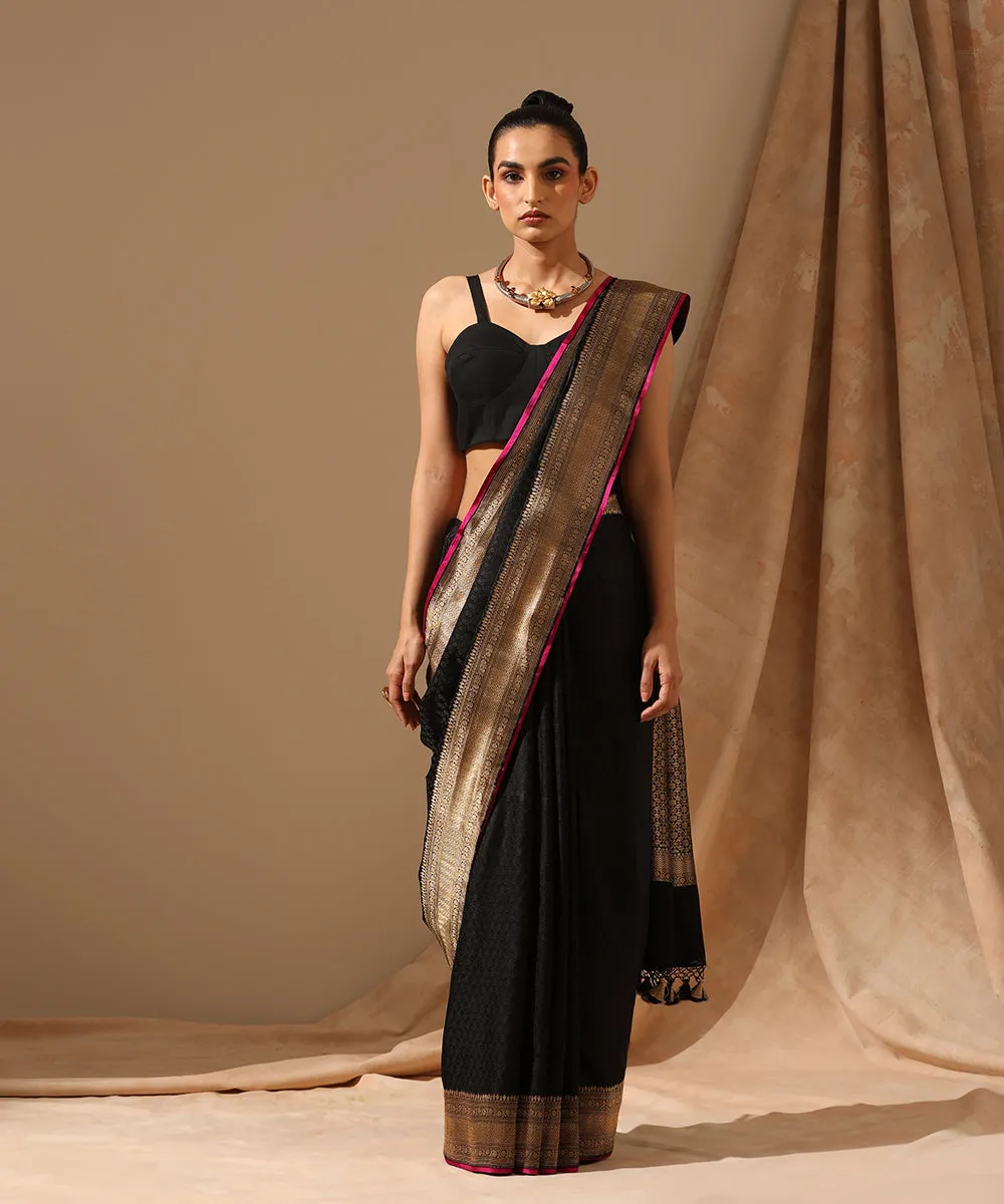 Black Pure Satin Silk Handloom Tanchoi Banarasi Saree With Gold Zari Border