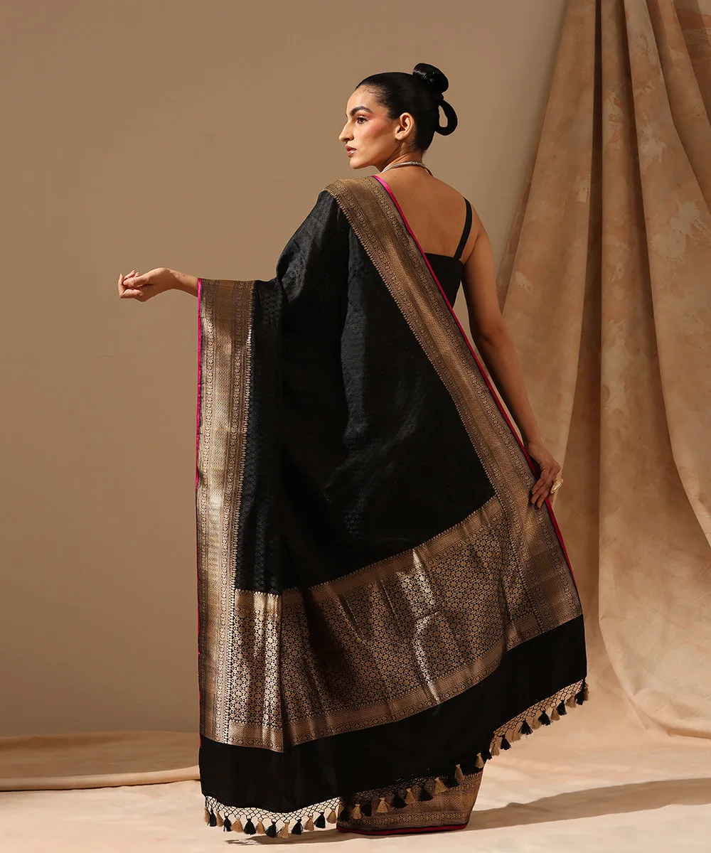 Black Pure Satin Silk Handloom Tanchoi Banarasi Saree With Gold Zari Border