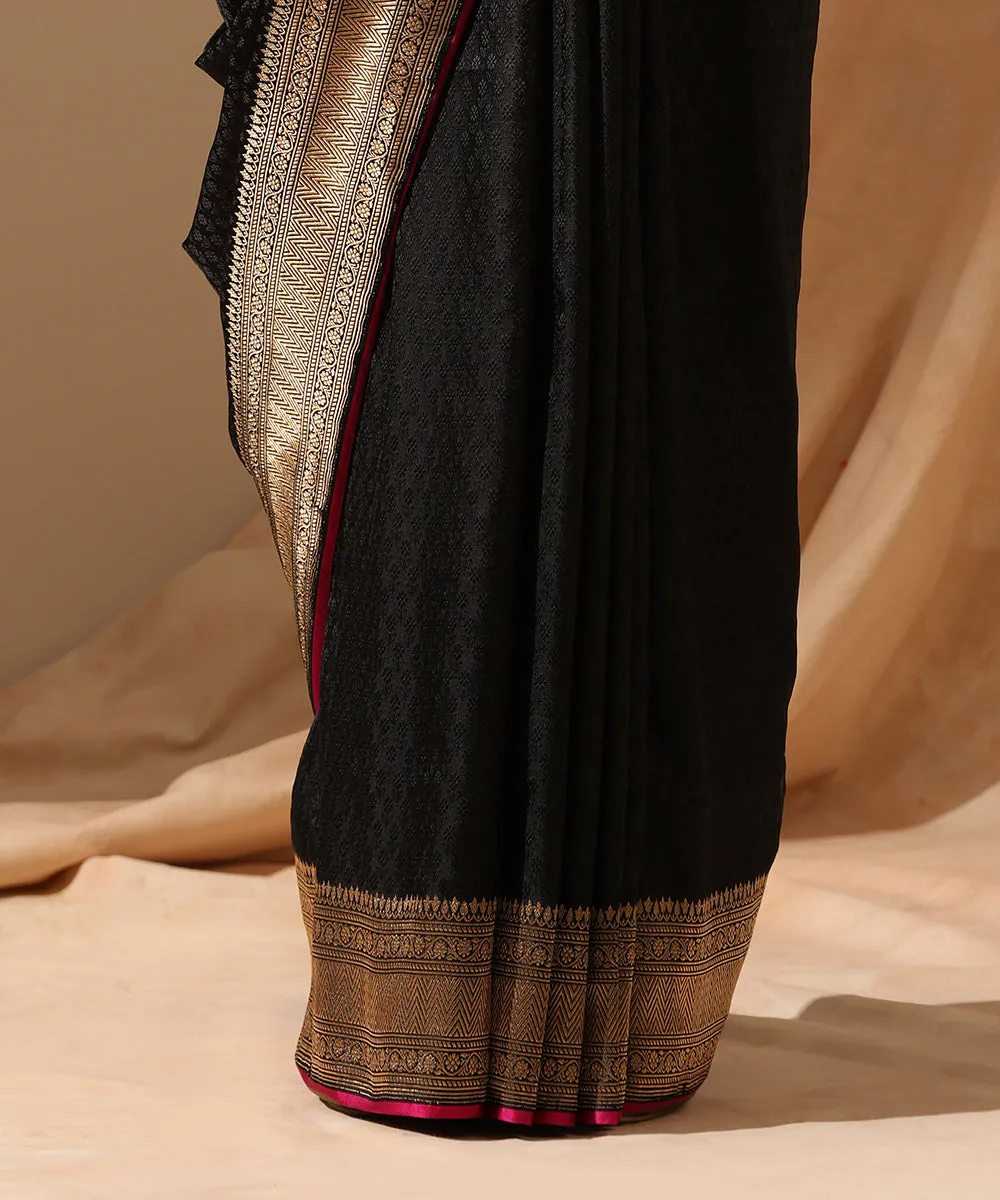 Black Pure Satin Silk Handloom Tanchoi Banarasi Saree With Gold Zari Border