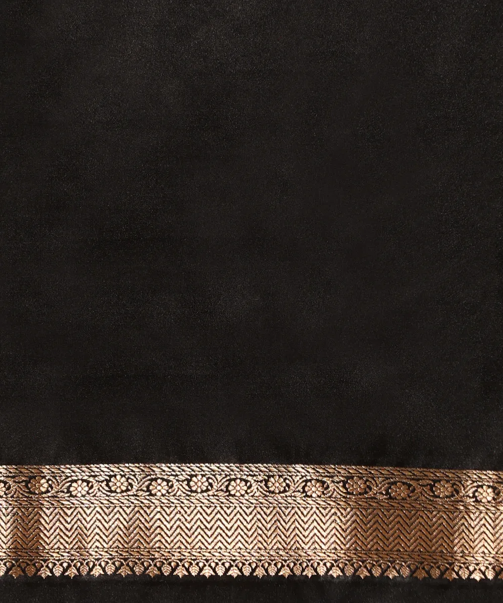 Black Pure Satin Silk Handloom Tanchoi Banarasi Saree With Gold Zari Border