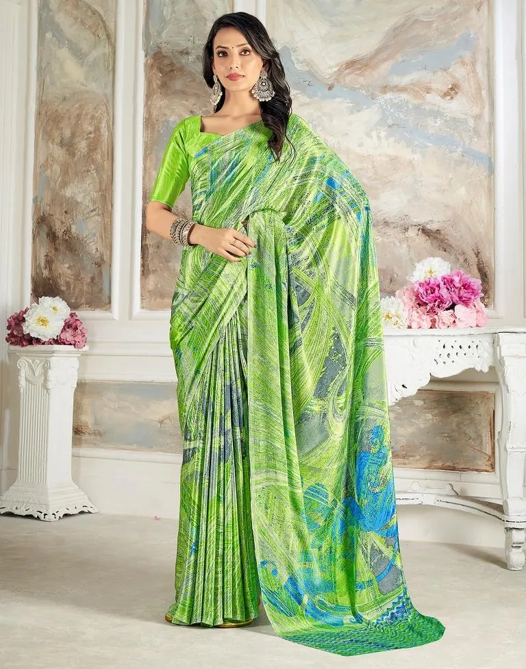 Bright Green Silk Printed Sarees