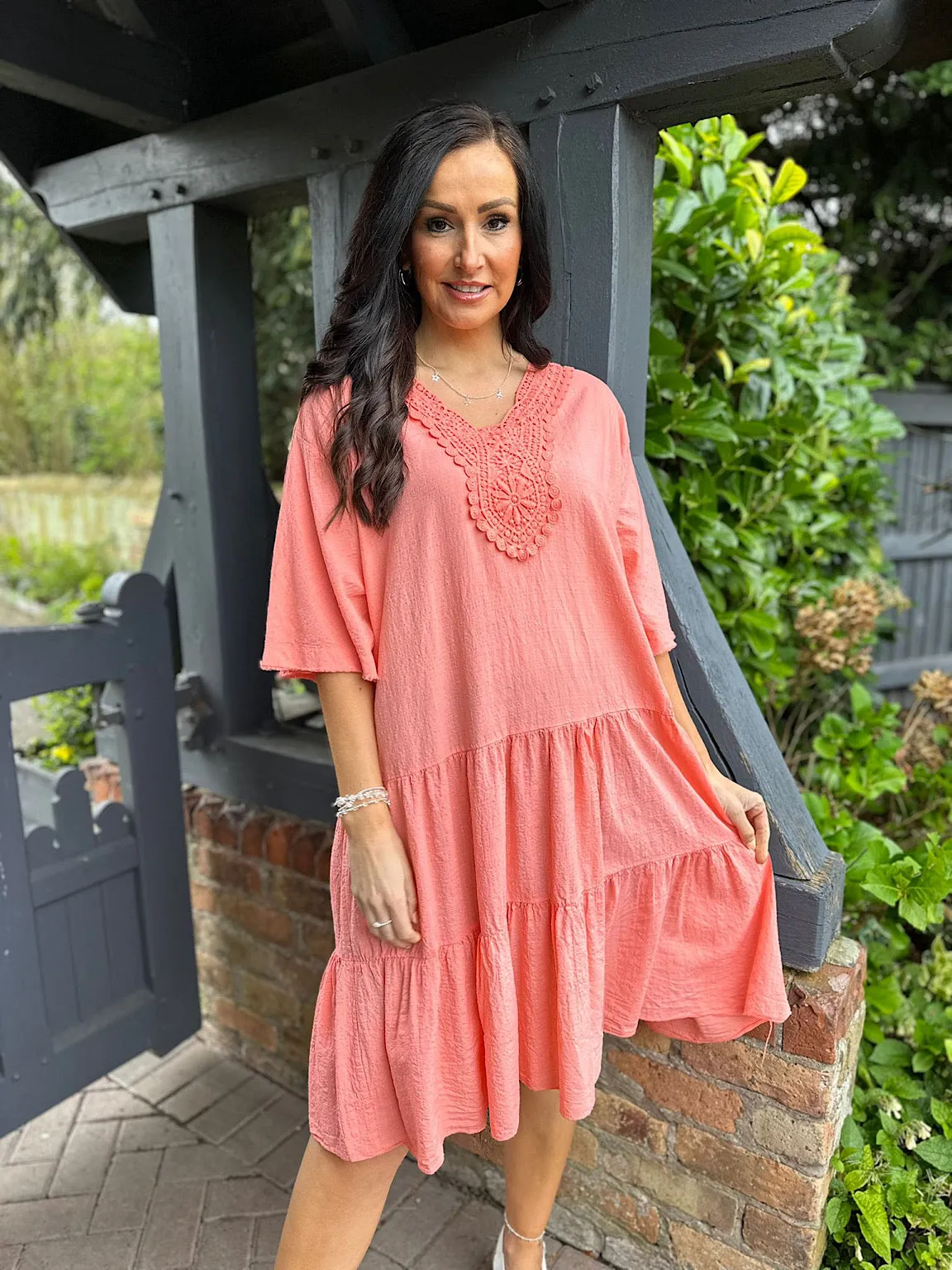 Coral Crochet Tiered Tunic Dress Brenda