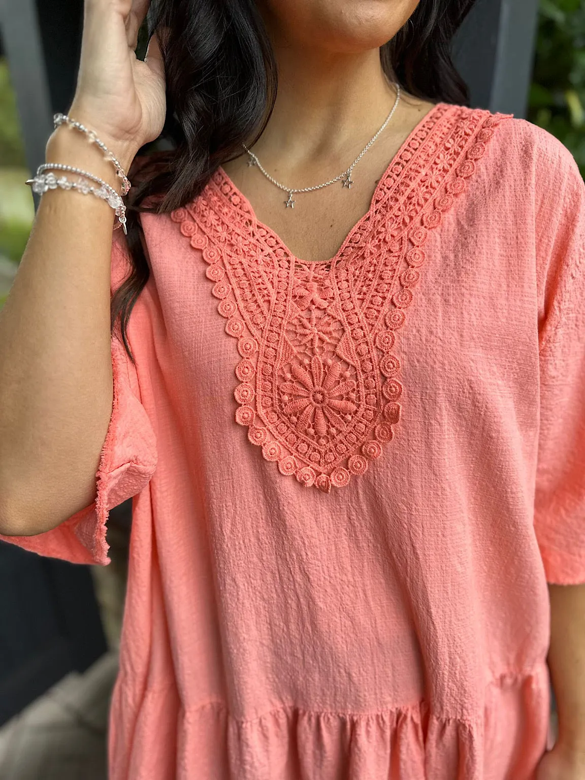 Coral Crochet Tiered Tunic Dress Brenda