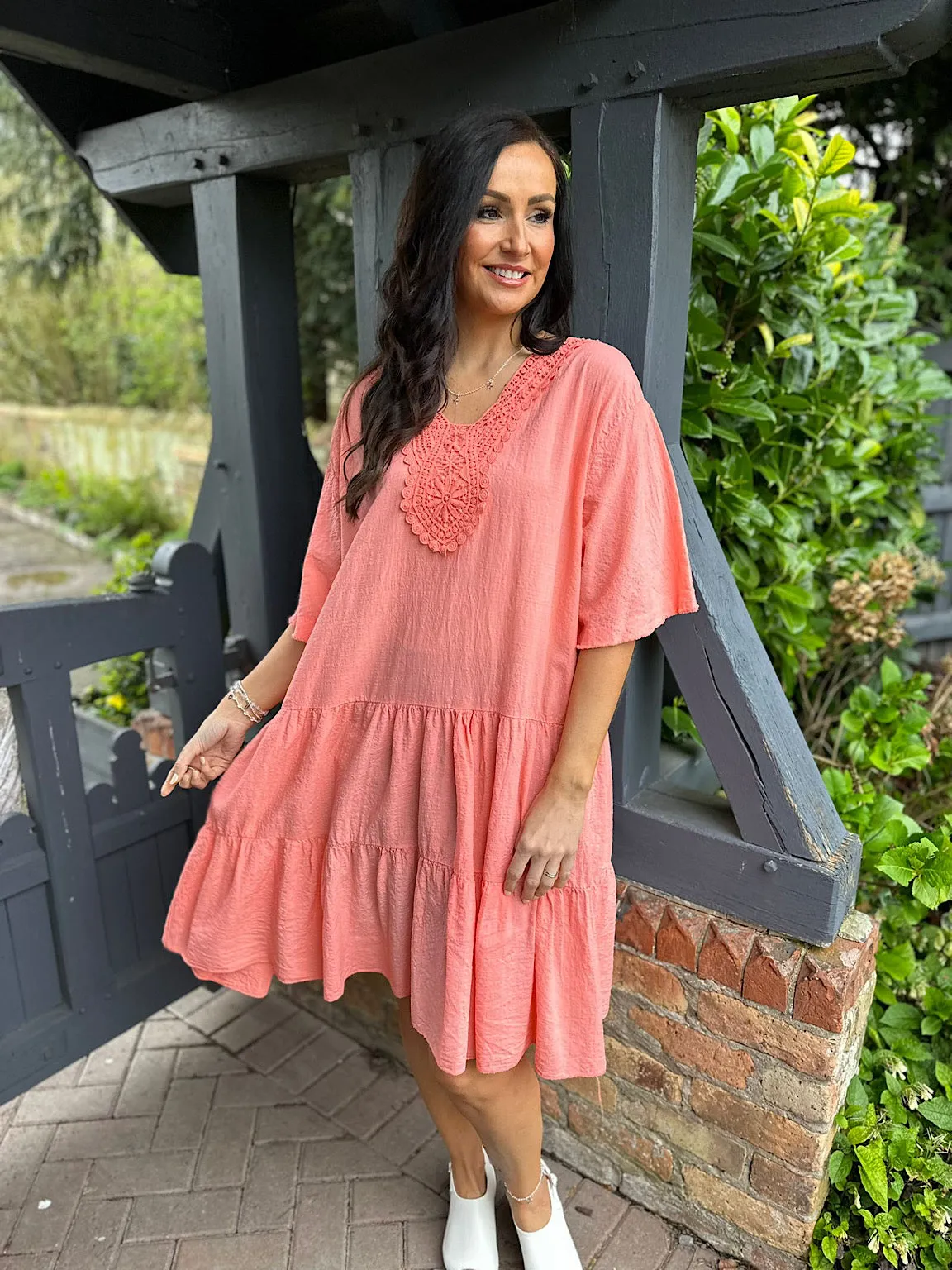 Coral Crochet Tiered Tunic Dress Brenda