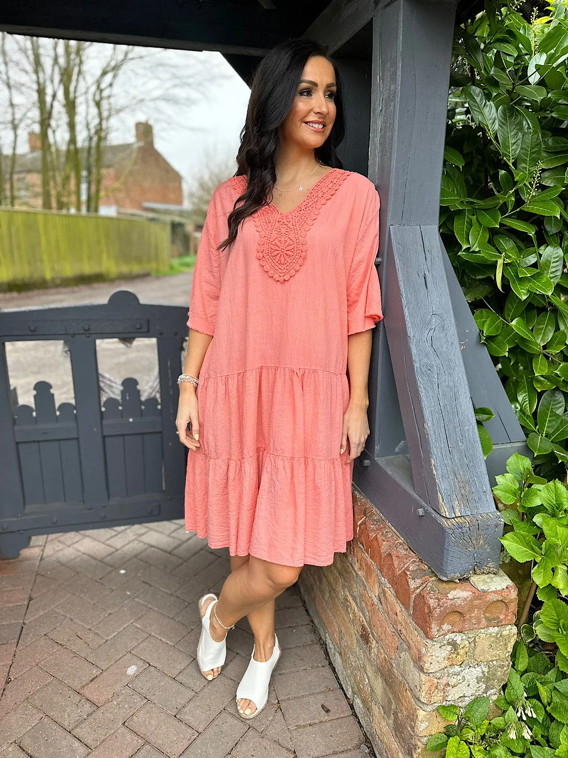 Coral Crochet Tiered Tunic Dress Brenda