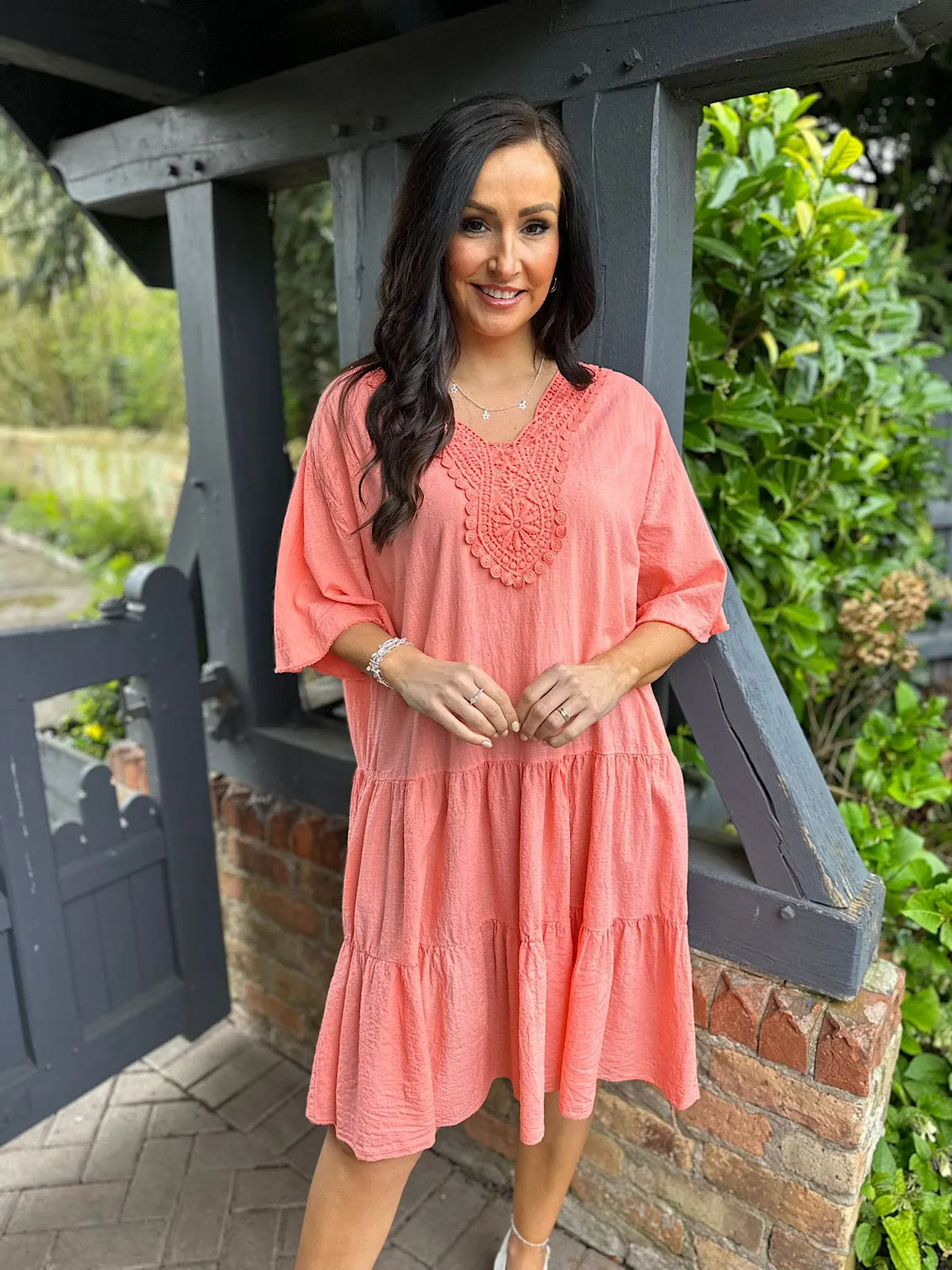 Coral Crochet Tiered Tunic Dress Brenda