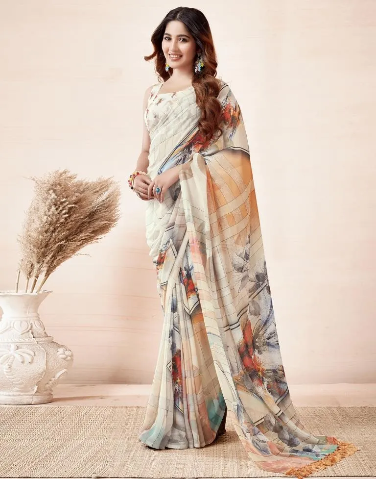 Cream Georgette Printed Sarees