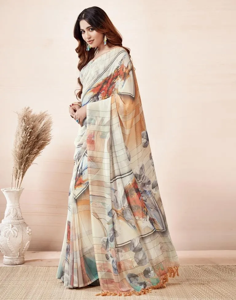 Cream Georgette Printed Sarees