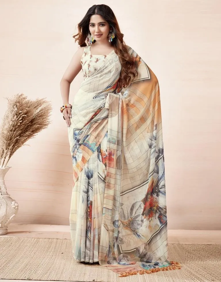 Cream Georgette Printed Sarees