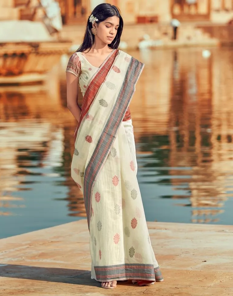 Cream Silk Woven Sarees