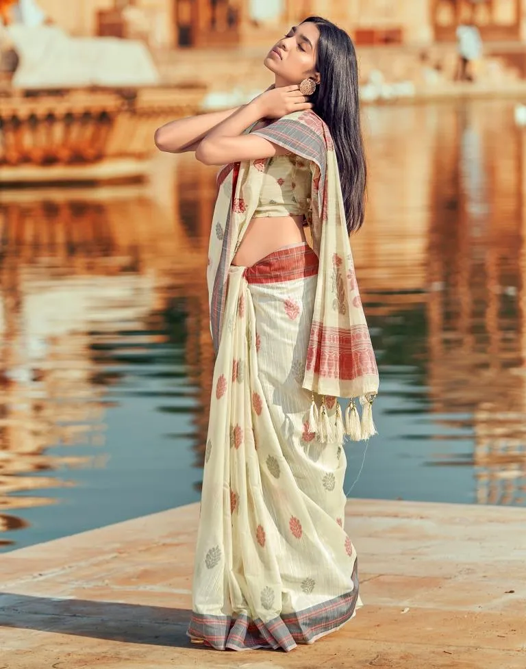 Cream Silk Woven Sarees