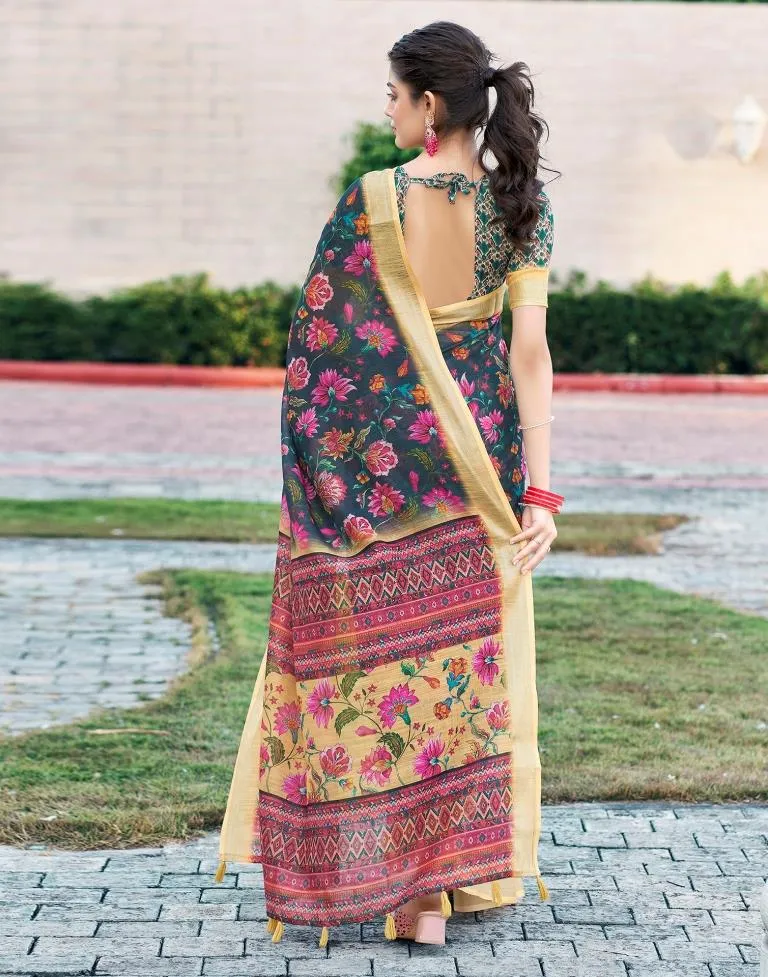 Dark Grey Linen Printed Sarees