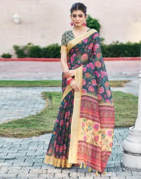 Dark Grey Linen Printed Sarees