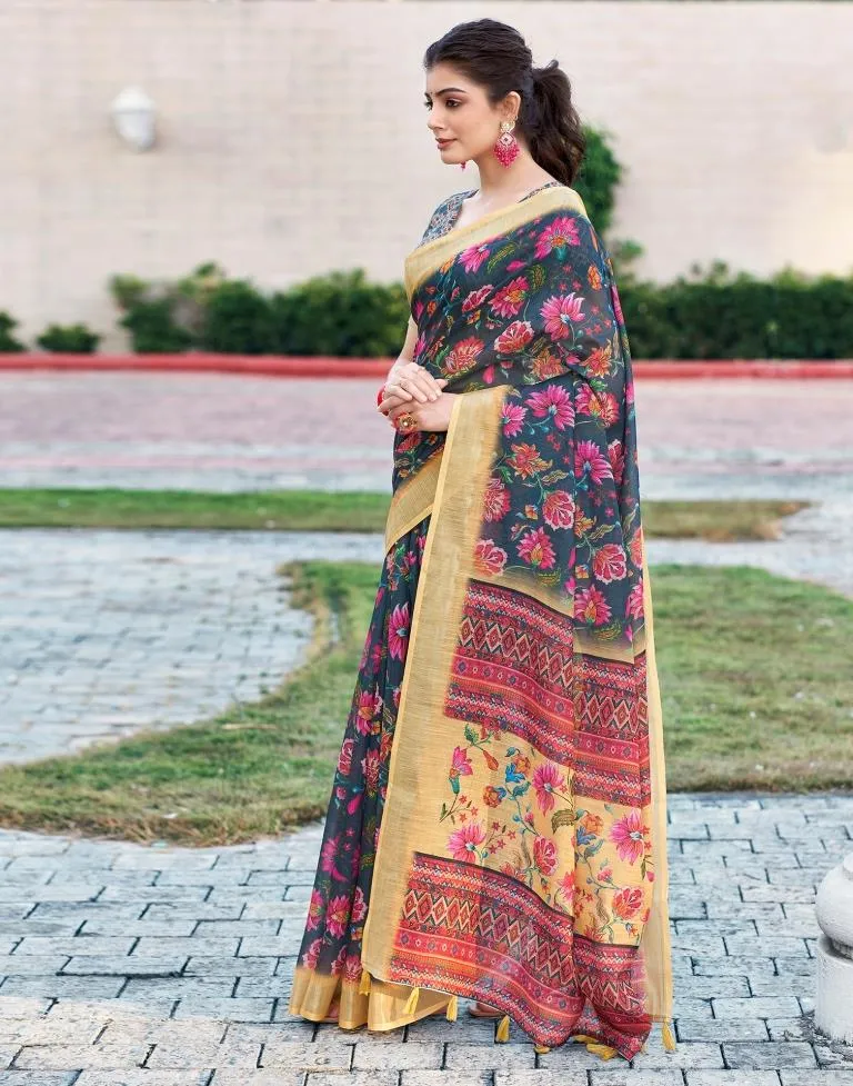 Dark Grey Linen Printed Sarees