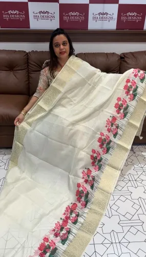 DESIGNER KERALA CREAM SAREES - IHA 15124