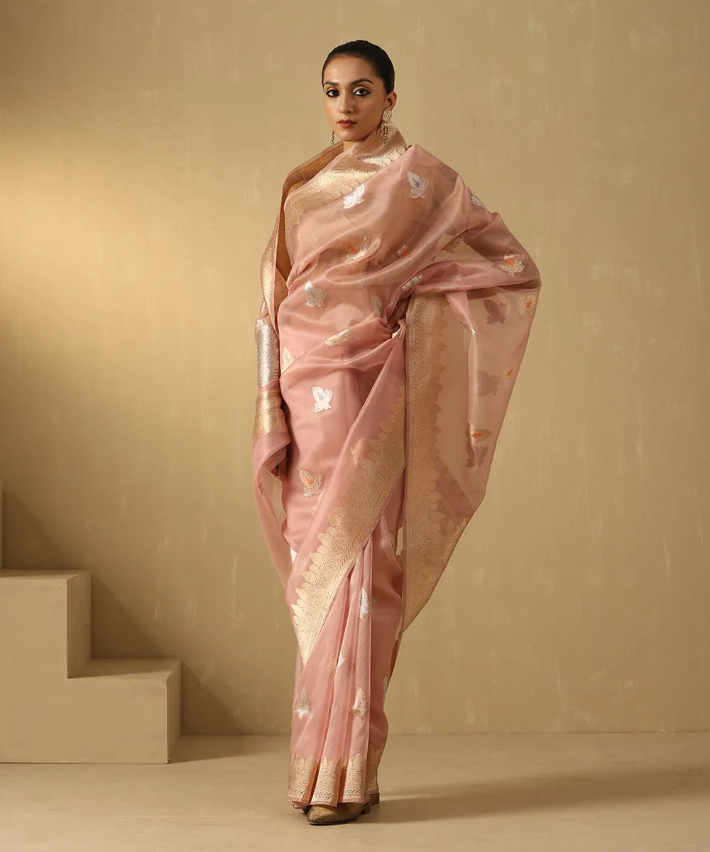 Dusty Pink Handloom Pure Kora Silk Banarasi Saree With Sona Rupa Booti