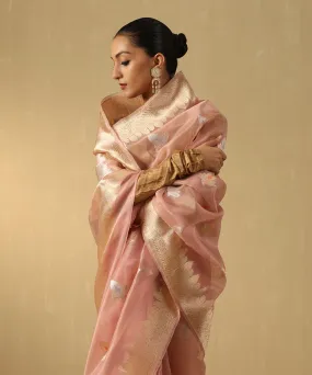 Dusty Pink Handloom Pure Kora Silk Banarasi Saree With Sona Rupa Booti