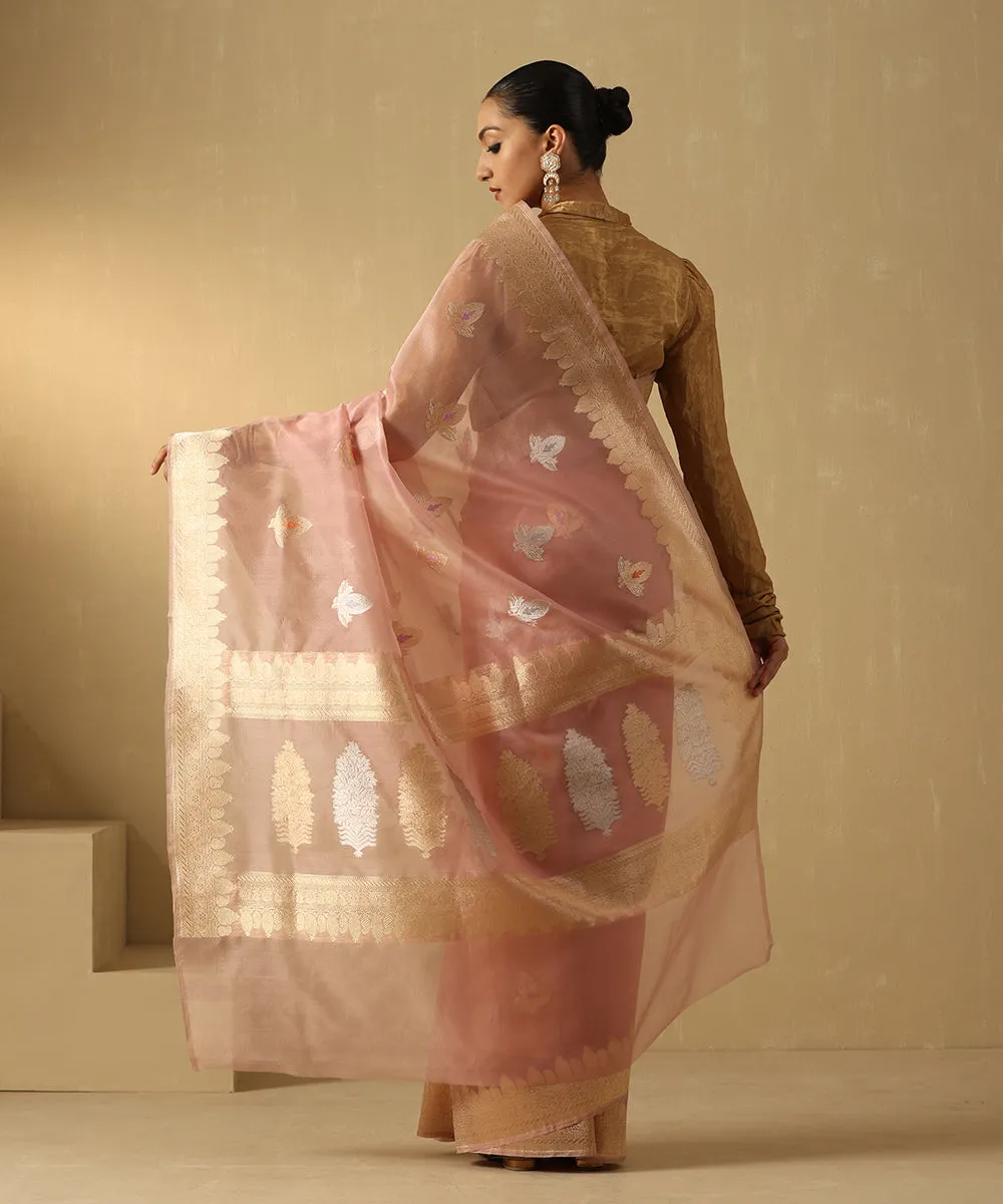 Dusty Pink Handloom Pure Kora Silk Banarasi Saree With Sona Rupa Booti