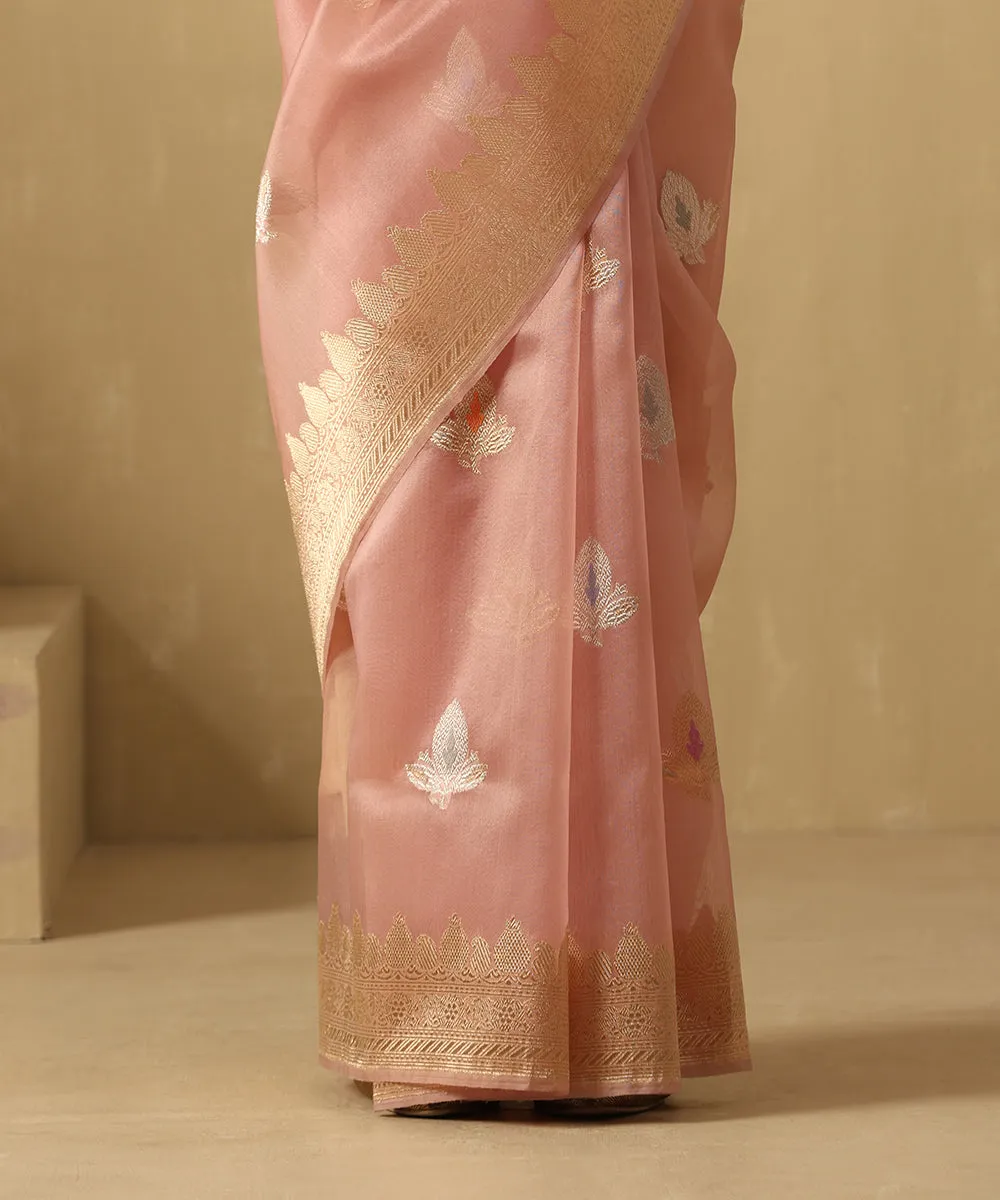 Dusty Pink Handloom Pure Kora Silk Banarasi Saree With Sona Rupa Booti