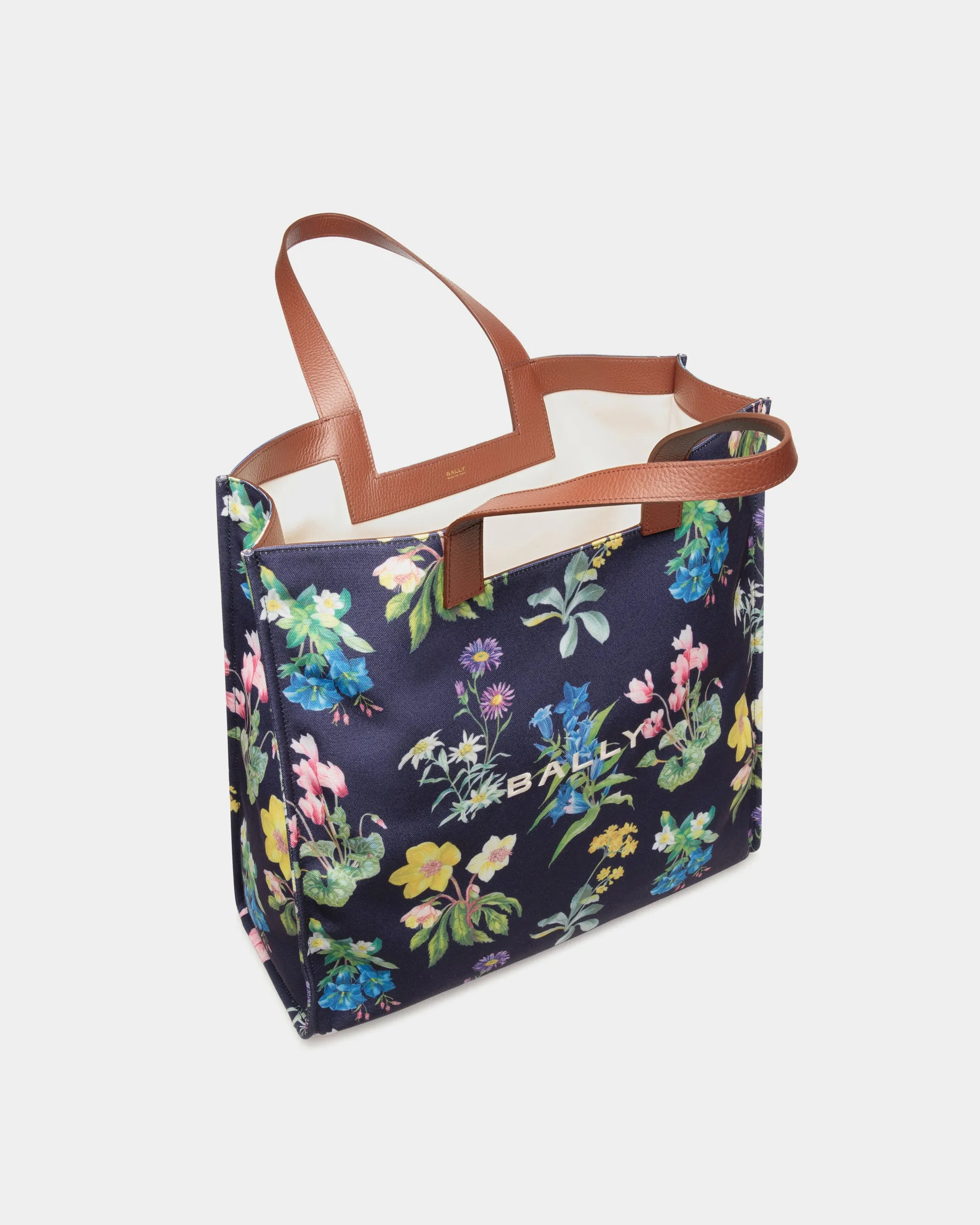 Easy Bally Tote Bag In Mountain Flower Print Canvas And Leather