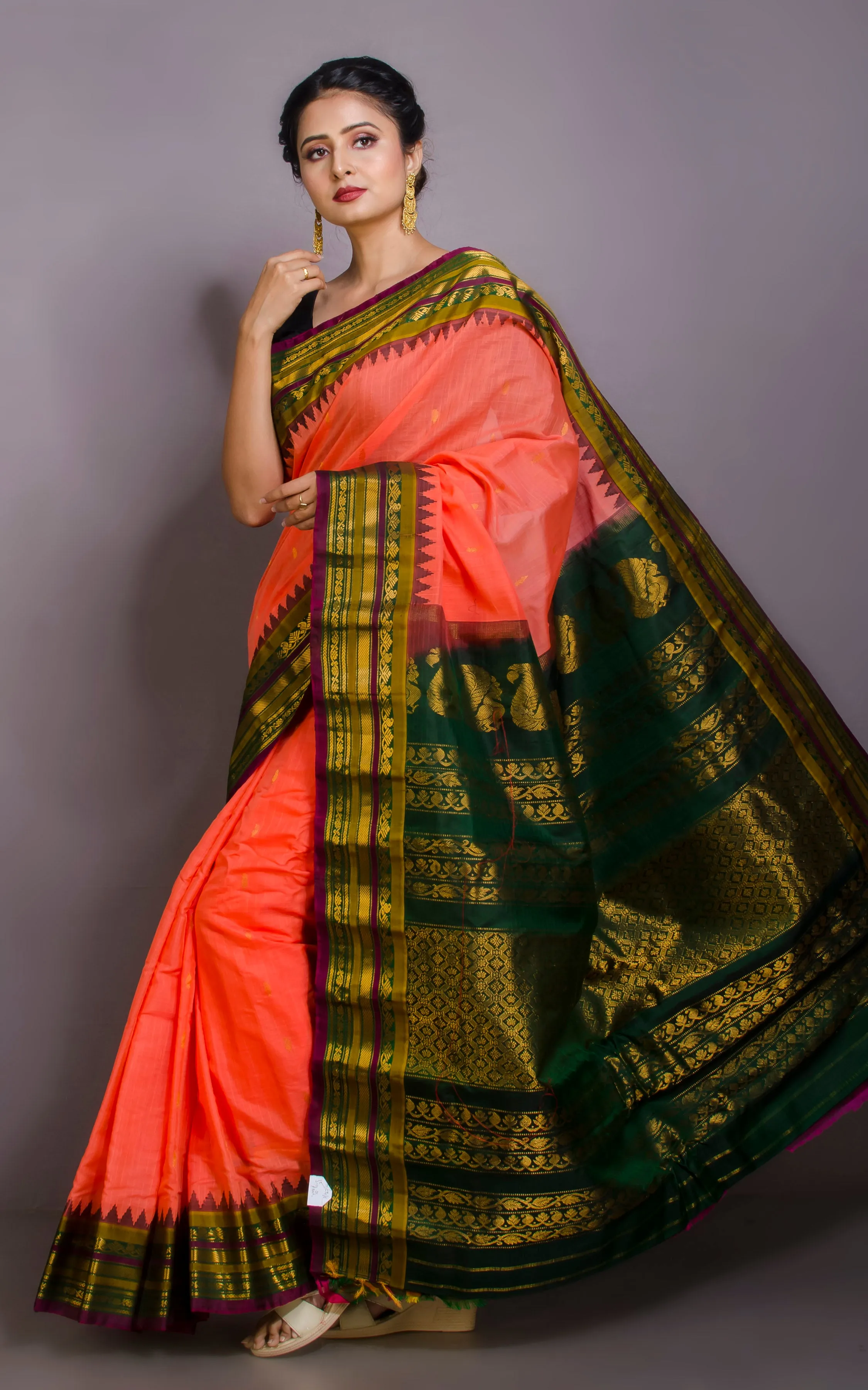 Exclusive Gadwal Seiko Silk Saree in Peach, Dark Green, Olive Green and Burgundy